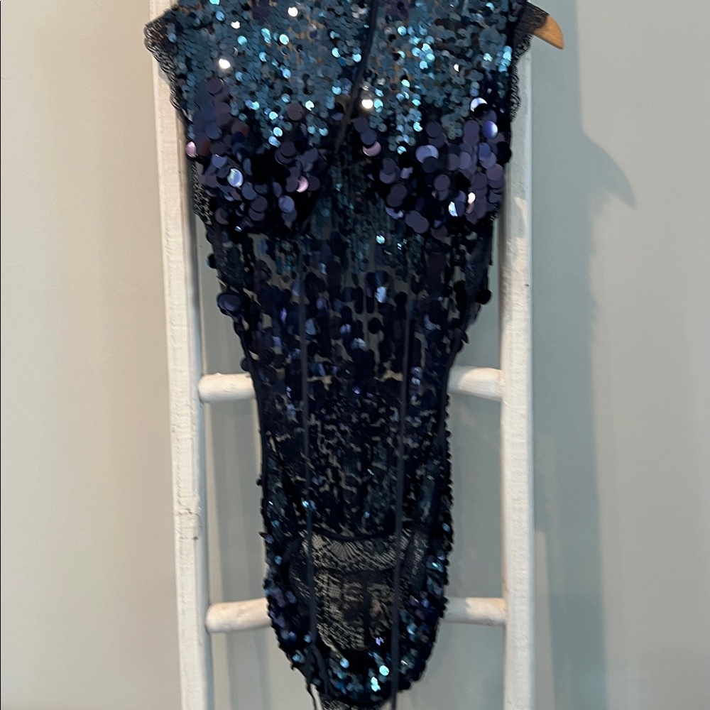 Free people Melrose sequin n lace nwt holiday backless midnight blue bodysuit M - Picture 11 of 14